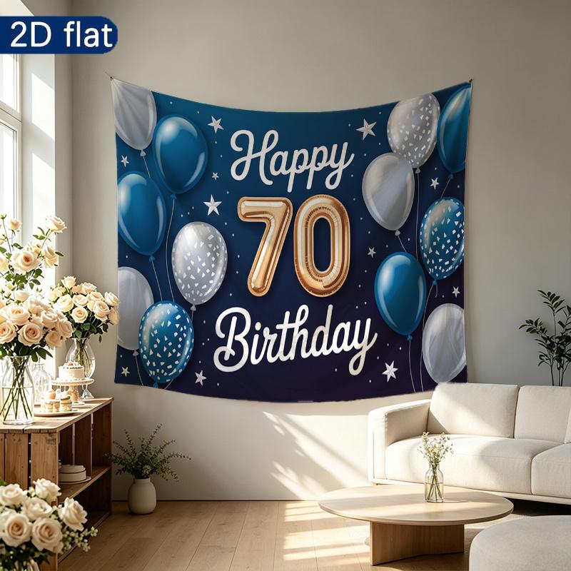 Blue 70th Balloon Birthday Backdrop 1pc - Polyester Banner