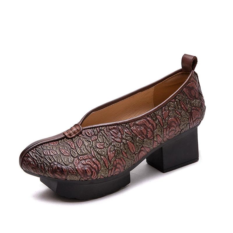 Мода GKTINOO Весна Осень Этнический Стиль Круглый Носок Высокий Каблук Туфли для Мамы Кожаная Платформа Ретро Натуральная Кожа Лодочки Женская Обувь