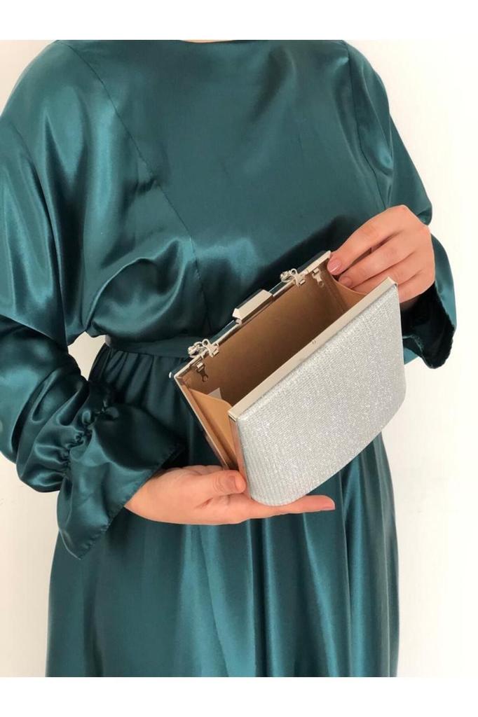 Women's Stylish and Useful Evening Dress Bag Çupra Silver Handled Evening Dress Bag