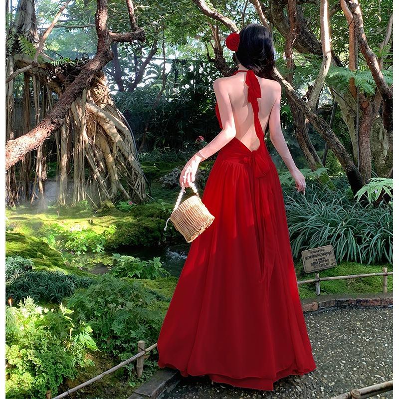 Sexy Backless Neck Dress Women's Summer Vacation Gentle Long Dress French Split Waist Skirt