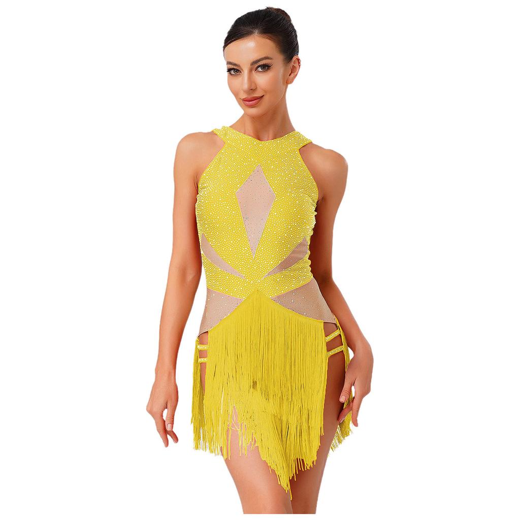 Womens Latin Tango Dance Leotard Allover Rhinestones Backless Tiered Tassel Contrast Color Bodysuit Performance Jumpsuit