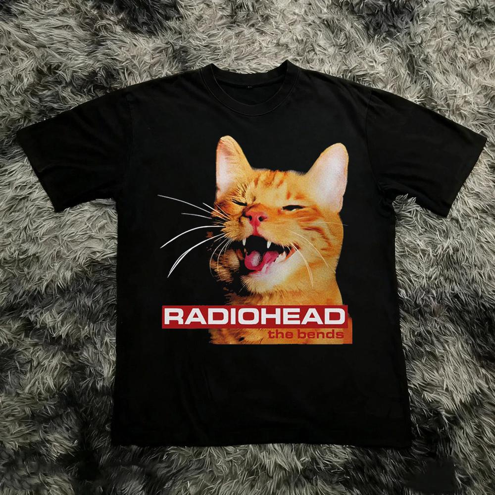 Radiohead The Bend Кот Графический Принт Футболка с короткими рукавами Унисекс Унисекс Летняя 90-е Ретро Рок-музыка Футболка Повседневная Y2k Уличная одежда