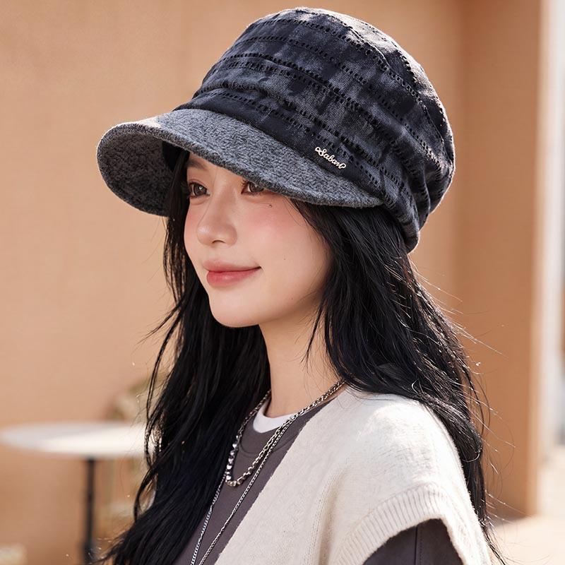 Tie-dye gradual change pleated pile hat women's autumn and winter retro short-brimmed newsboy hat lazy warm face cover cap