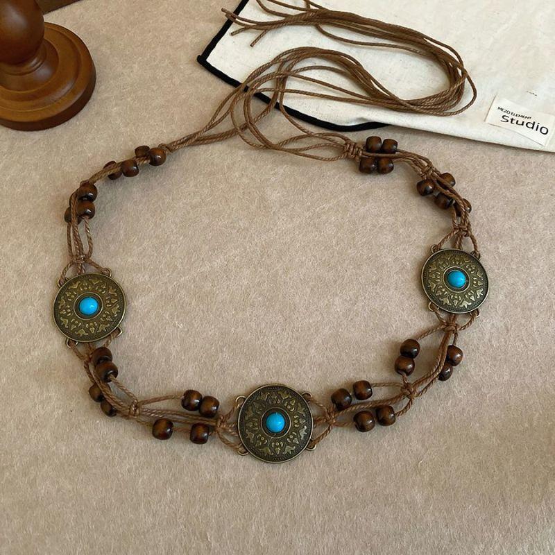 Ethnic Boho Wooden Bead Waist Chain, Hand Woven Hemp Rope Multi Layer Belt, Versatile Women Decorative Ornament