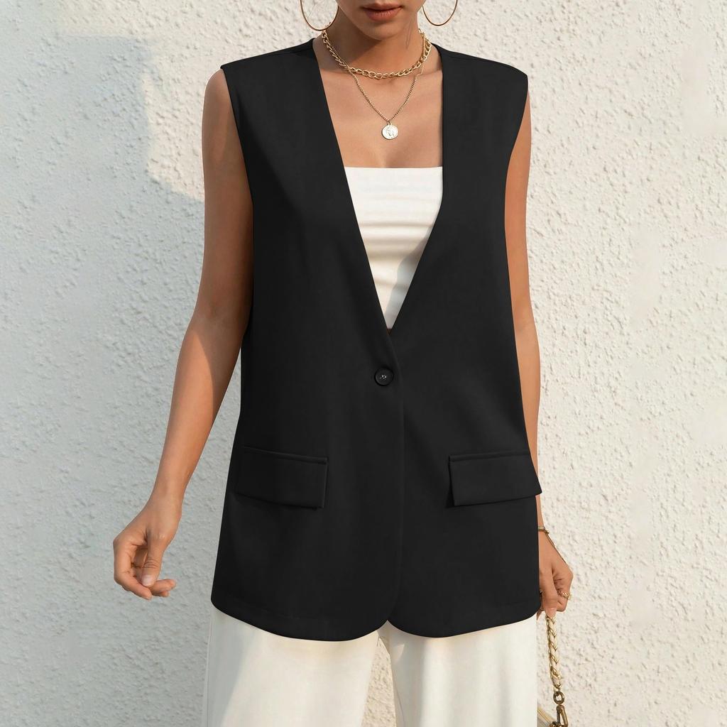 Ladies Summer Suit Jacket Work Casual Sleeveless V-Neck Single Button Solid Color Suit Vest