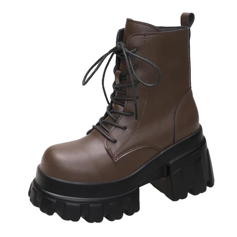 Fashion Lace Up Women High Platform Ankle Boots 2024 Winter Thick Sole Motorcycle Boots 9.5CM Heels Chunky Leather Sneakers Woman Shoes