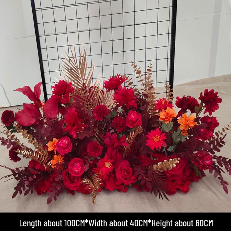 Red Floral Wedding Stage Backdrop with Artificial Flower Rows