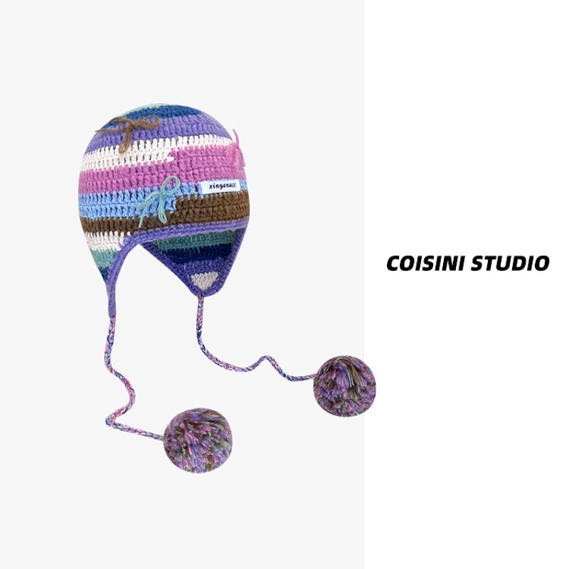 Корейские контрастные цветные полосатые вязаные шапки для женщин осень-зима модные теплые универсальные милые помпоны для защиты ушей