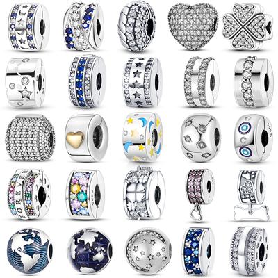 Серебряные подвески-клипсы 925 пробы подходят для женского браслета с фианитами, звездой и луной, застежкой-фиксатором и бусиной