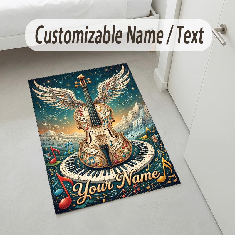Music Art Fusion Theme Soft Crystal Velvet Rug Custom Name & Text Print Non Slip Floor Rug for Bedroom Living Room