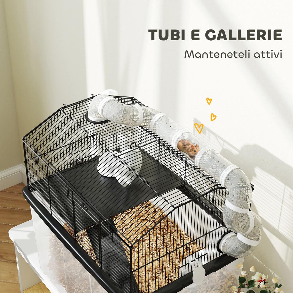 Two-Tier Hamster Cage with Wheels, Tubes, Bowl, Bottle and Ramp, 58x43x57 cm, Black