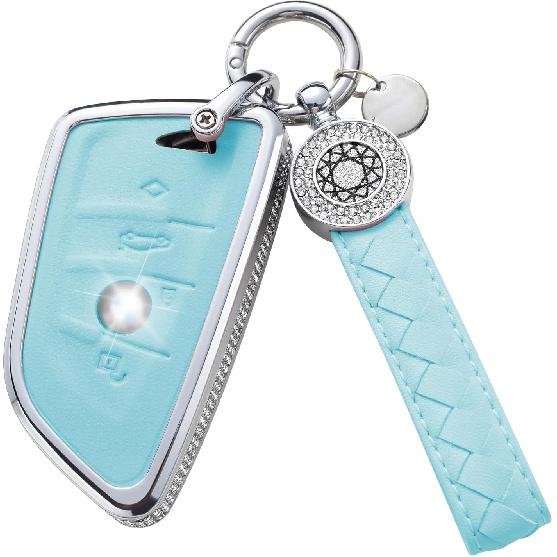 for Volvo Key Fob Cover with Keychain, Blue Leather Rhinestone Key Case Protection Shell Compatible with XC90, XC60, XC40, S60, S90, V60, V90,