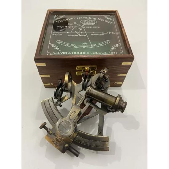 Nautical Solid Brass 5" Antiquated Brass Working Navigational Sextant With Wooden Box