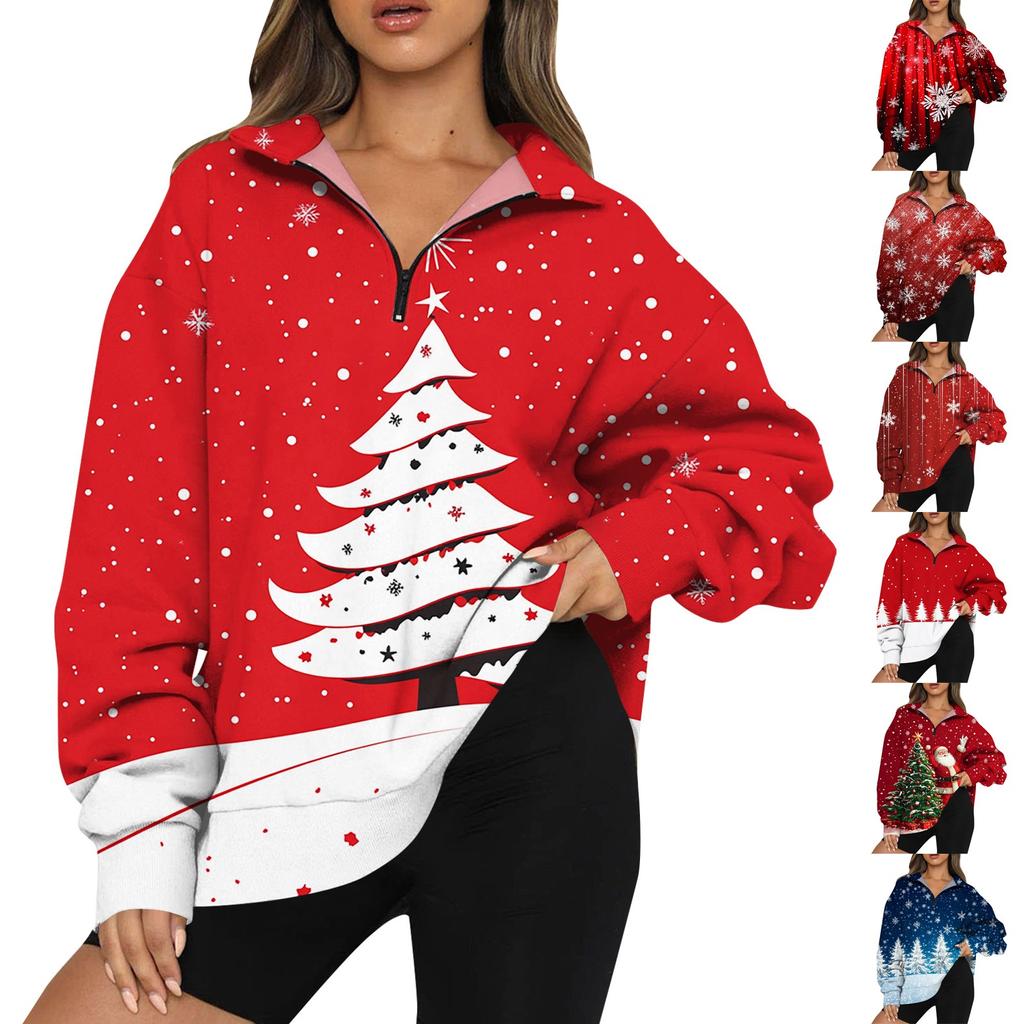 Women's Fashion Casual Long Sleeve Printed Zipper Turtleneck Drop Shoulder Sweatshirt Top