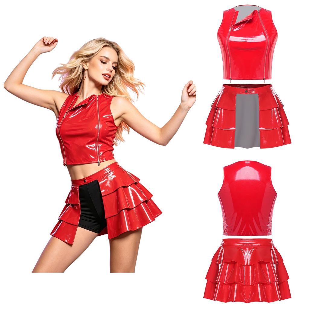Ladies Shiny PU Two Piece Clubwear Crop Tank Top Double Zipper Front and Layered Ruffle Front Split Miniskirt S-3XL for Rave Party