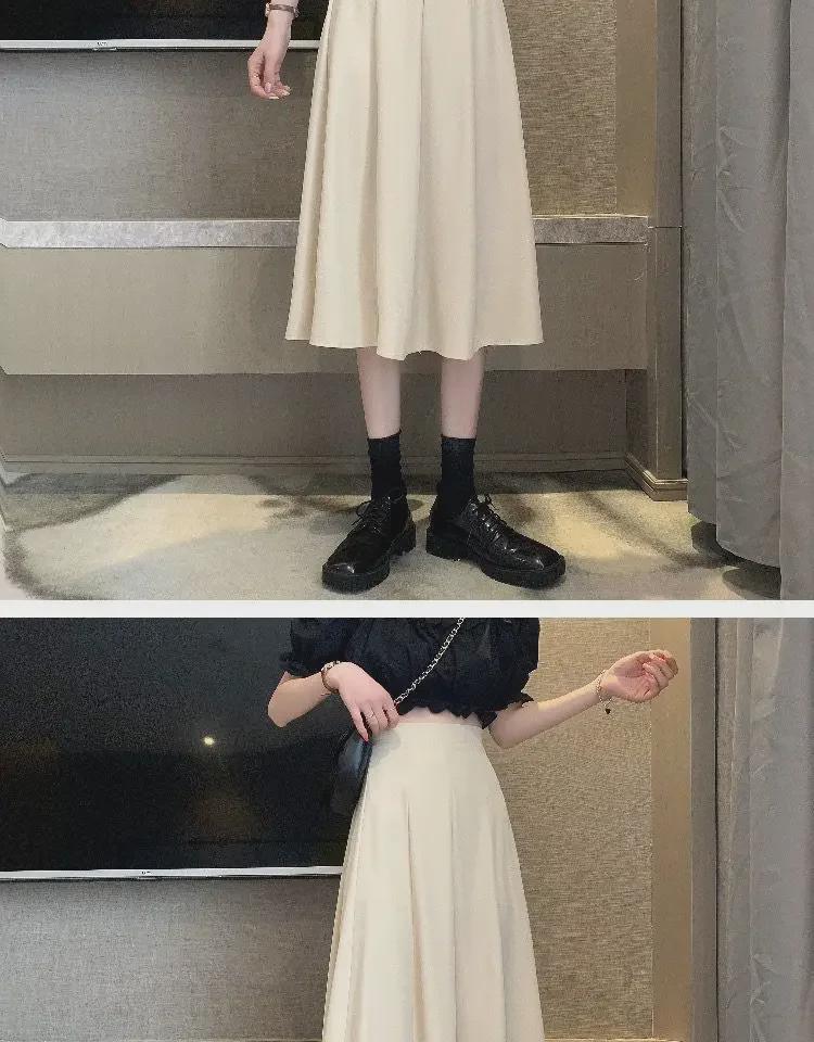 Women's High-Waist A-Line Skirt: Mid-Length, Solid Colors, Beige or Black, Year-Round Wear