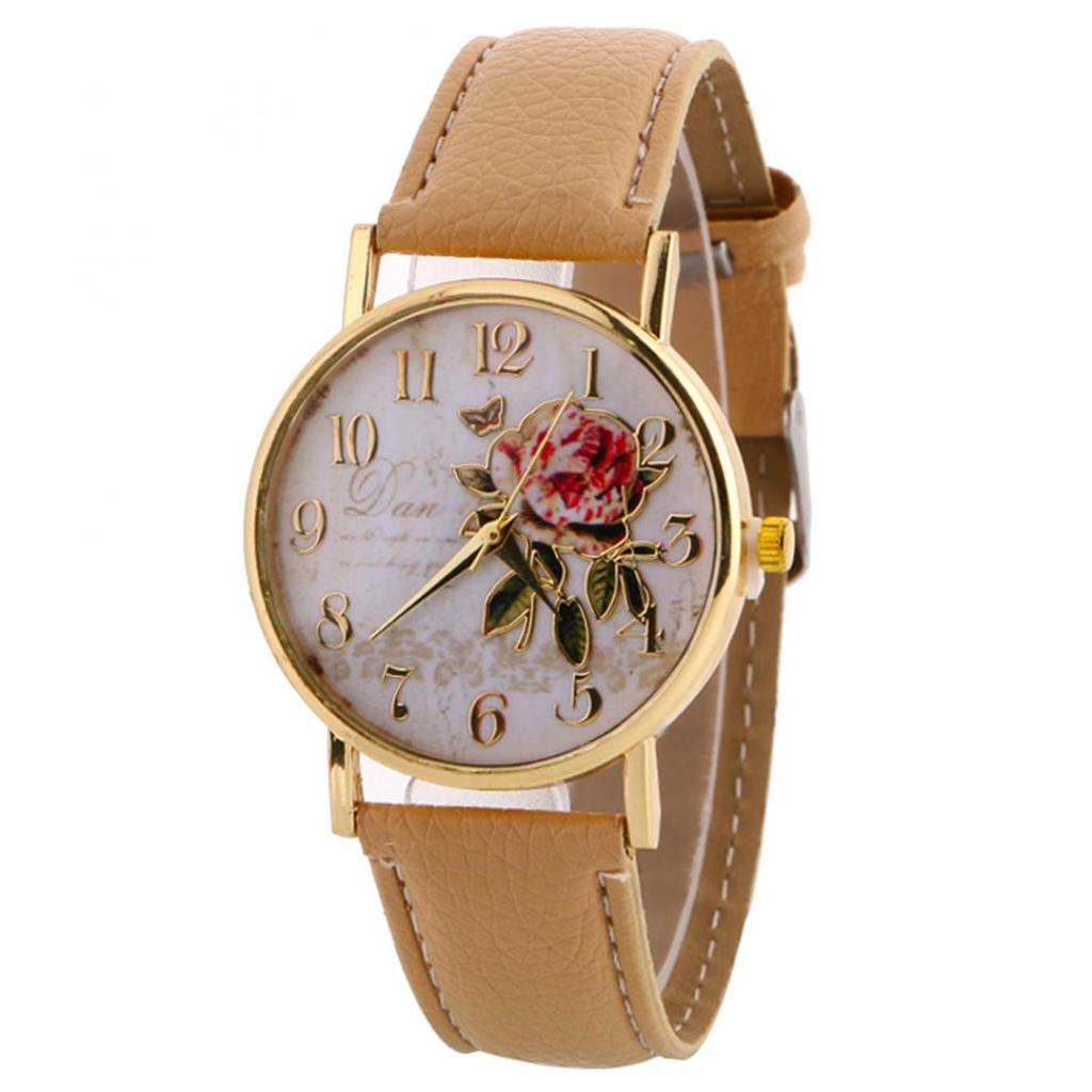 Useful Women Number Rose Flower Round Dial Faux Leather Band Quartz Wrist Watch