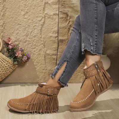 Ботильоны в стиле бохо с кисточками, женские, из искусственной замши в стиле ретро, с пряжкой на ремне, короткие женские ботинки больших размеров на плоском каблуке для женщин