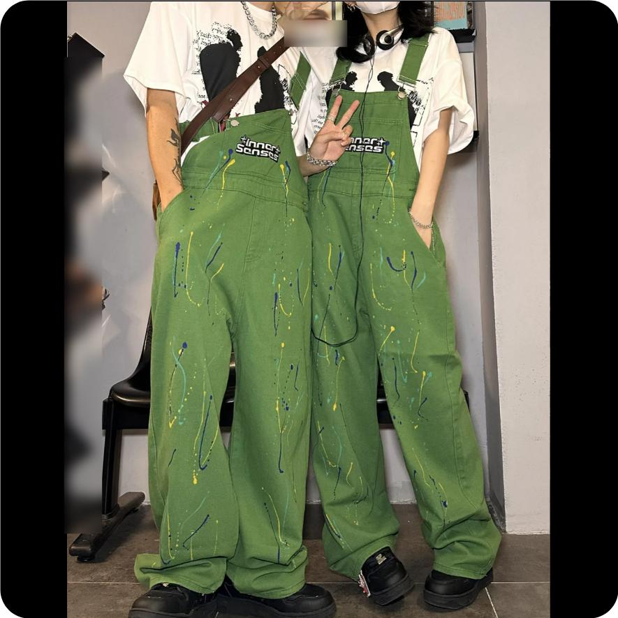 Ink-splashing Denim Overalls, American Retro Inkjet Tooling Overalls, Loose Casual Men's and Women's Trousers, Hiphop Tide