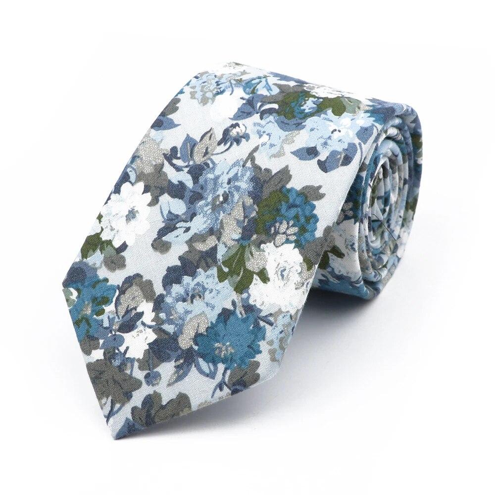 Floral Tie, For Men Women, 100% Cotton, Elegant Flower Necktie, White, Blue, Narrow Skinny, Wedding, Party