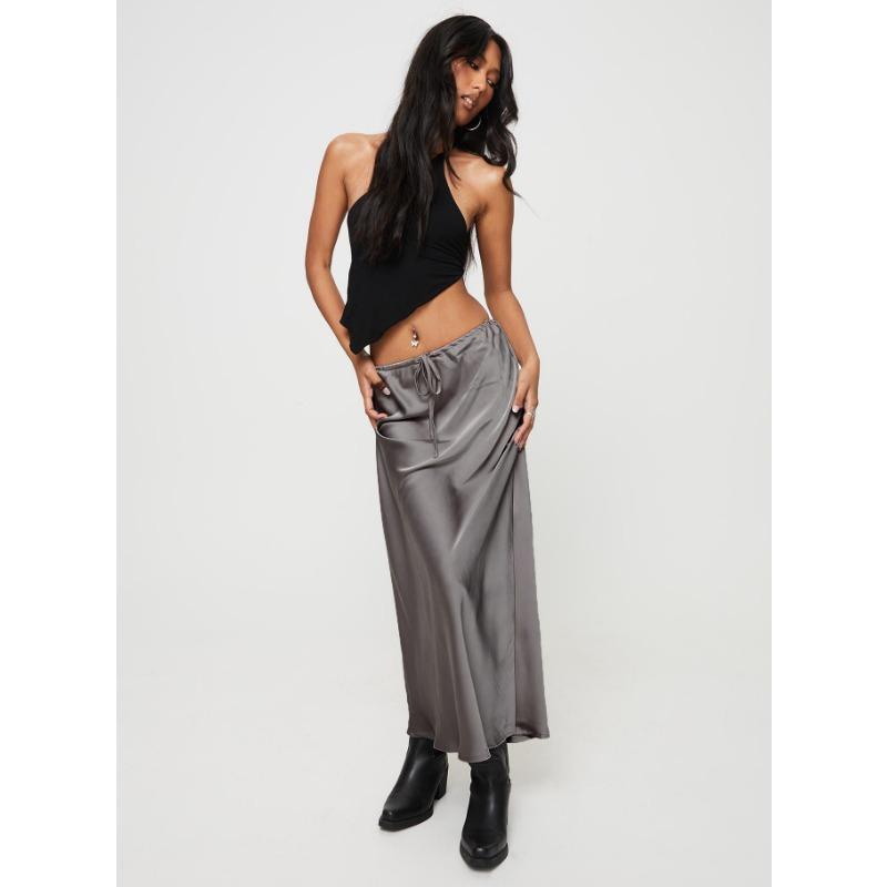 Satin High Waist Drawstring Tie Solid Color Halter Skirt