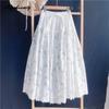 Japanese Mori Girl Summer Autumn Women White Skirt Elastic-Waisted Floral Print Patchwork Embroidery Skirt Sweet Feminine A-Line Skirt