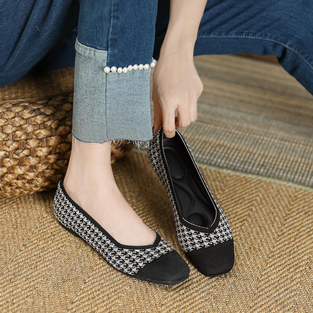 Shoes Single Shoes Women'S Flying Shoes Woven Shoes Square Head Flat Bottom Knitted Large Size Shoes Egg Roll Shoes