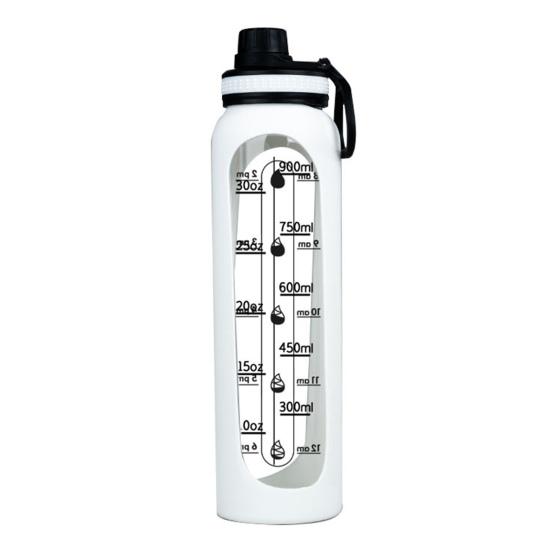 Glass Water Bottle with Silicone Sleeve Time Marker 1000ml Leakproof Borosilicate Water Cup for Sports Fitness Office BPA-Free Hot Cold