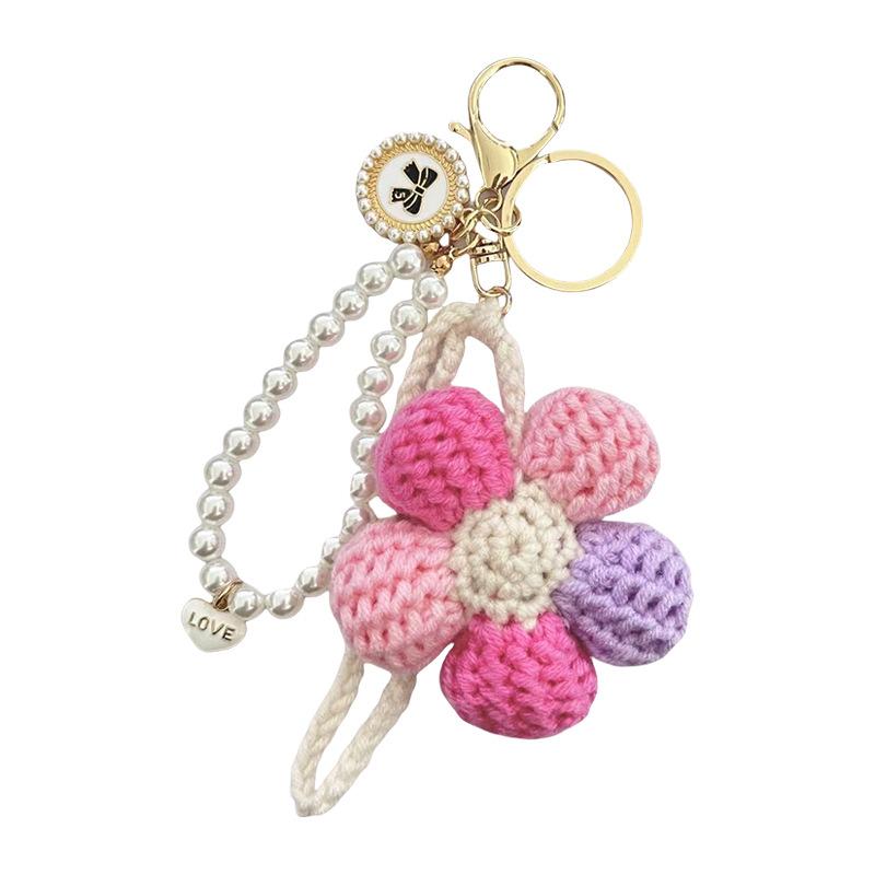 Handmade Crochet Flower Keychain Set, Colorful Knit Flower Bag Charm with Pearl Strap,Crochet Flower Keychain, Pearl Strap Charm