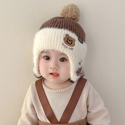 Осень и зима новый милый медведь вышитая защита ушей уличная теплая мальчик и девочка детская вязаная шапка детская шерстяная шапка