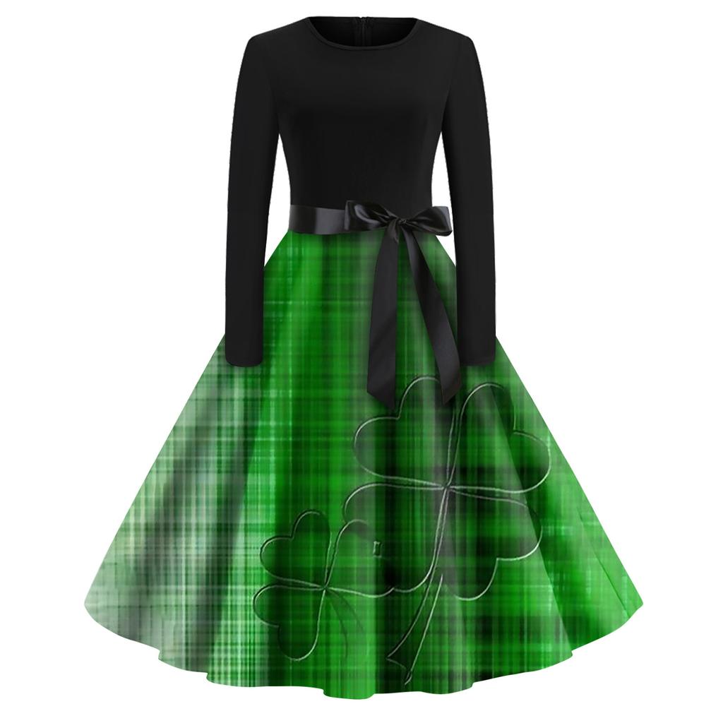 Women's Fashion Round Neck Casual Slim St Patrick's Day Printed Long Sleeve Dresses