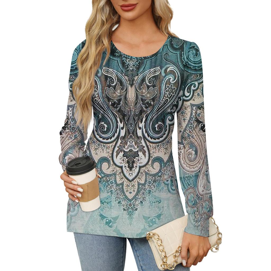 Women's Casual Top Gradient Printed Round Neck Long Sleeved Pleated T-shirt