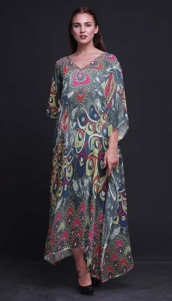 Phagun Peacock Bird Long Caftan Maxi Dress Beach Swimwear Cover Up Womens