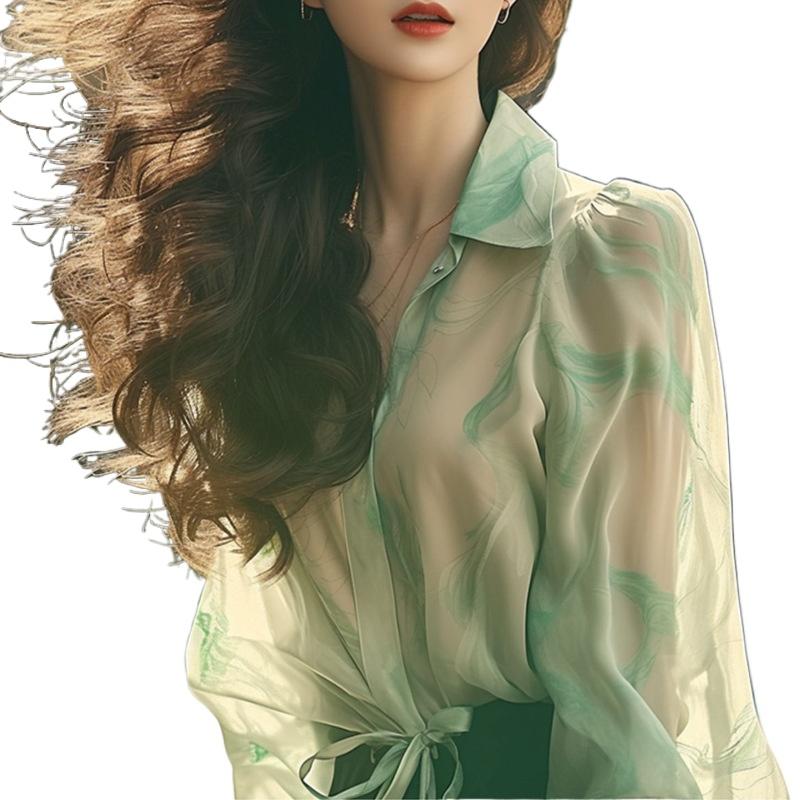 Летняя новая зеленая вращающаяся цветочная рубашка в иностранном стиле, шикарный топ