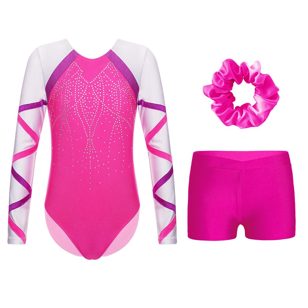 Костюм для танцев для девочек из 3 предметов, блестящий купальник с длинными рукавами, V-образный вырез спереди, шорты, повязка для волос для соревнований по гимнастике