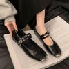 French Metal Square Head Shallow Mouth Single Shoes Women's 2025 Spring New Retro One-word Belt Mary Jane Soft-soled Small Leather Shoes