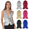Women Stylish Solid Color Vest Lapel Design Sleeveless Sparkling Sequin Detail Party Top Nightclub Outfit