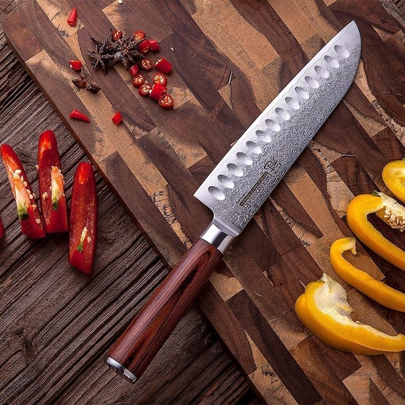 7-дюймовый нож Santoku из дамасской стали VG10, японский кухонный нож, кухонные принадлежности, деревянная ручка Pakka