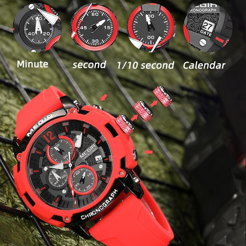 Red Watch Men Military Sport Silicone Strap Chronograph Quartz Wristwatch with Luminous Hands Date 3atm Waterproof Orange