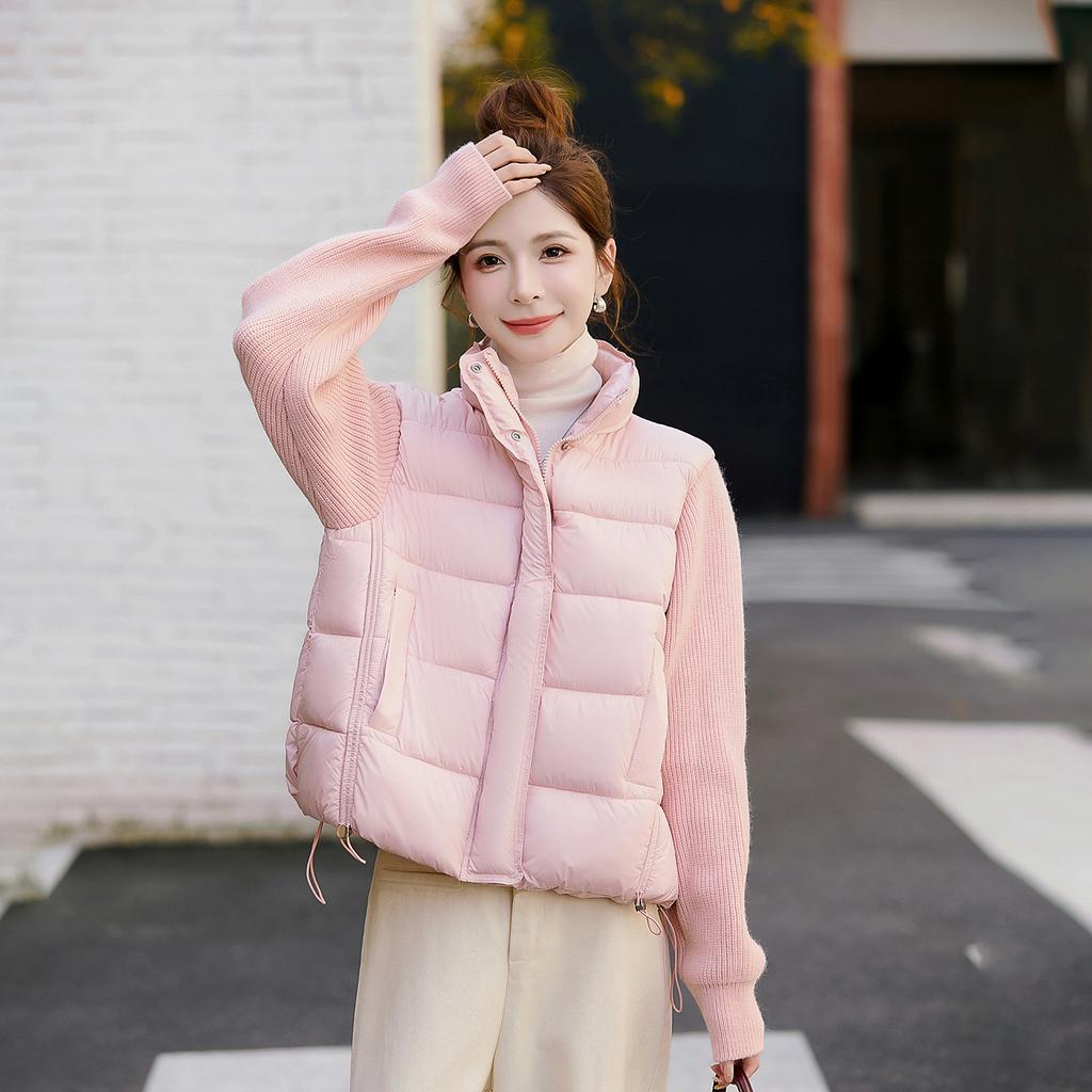 Knitted splicing stand-up collar cotton clothes for women's winter new student fashion warm short light cotton-padded jacket