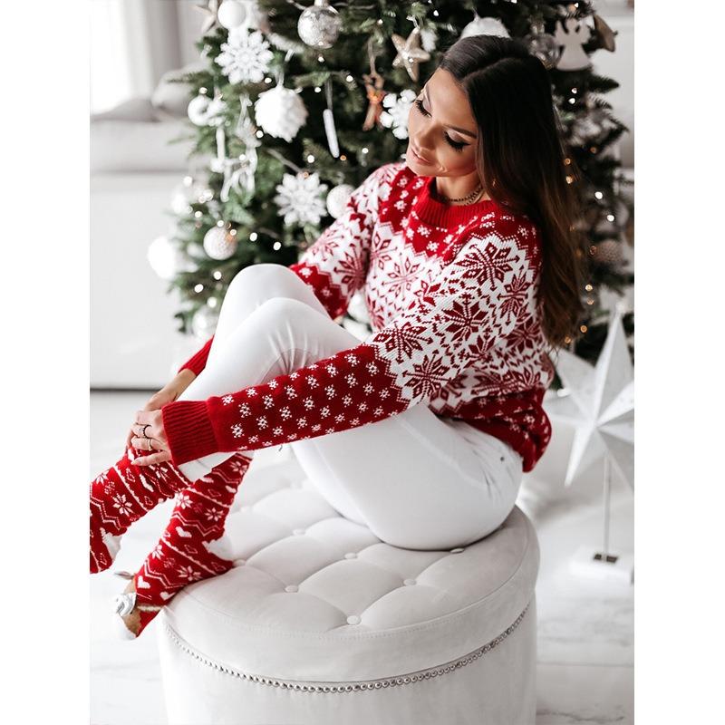 Women S Christmas Snowflake Jacquard Knit Sweater Loose Fit Round Neck Pullover