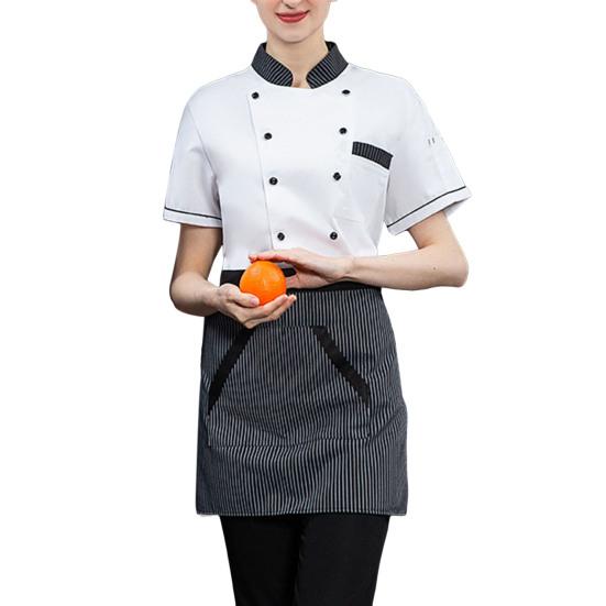 1 Set Unisex Chef Shirt Apron Set Kitchen Double-breasted Short Sleeve Stand Collar Soft Breathable Stain-resistant Loose Kitchen Bakery Cook Set