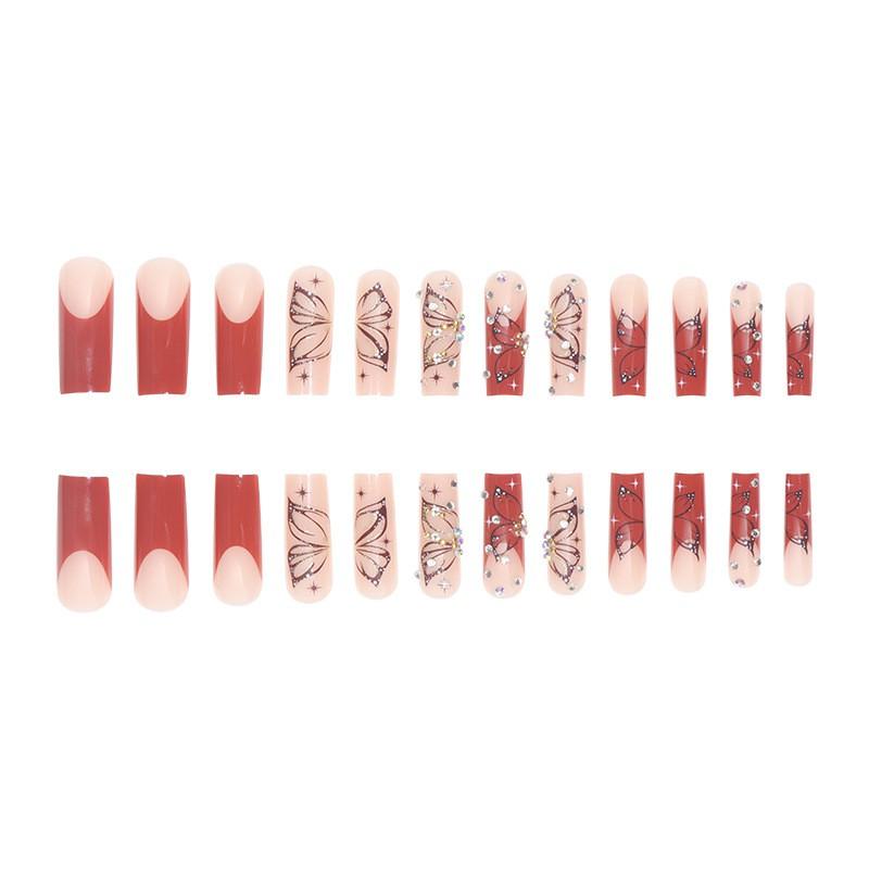 Long French Style Butterfly Nail Tips With Glitter Rhinestones - Press-On Nails Women Gel Adhesive Jelly Glue Options