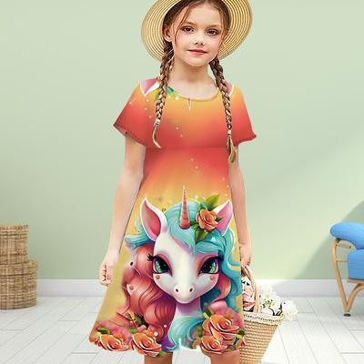Милые платья с длинными рогатыми лошадьми и 3D-принтом для девочек, детское праздничное платье принцессы с короткими рукавами, платье-майка с 3D-принтом