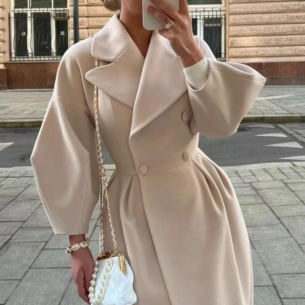 Женское элегантное двубортное длинное пальто из шерстяной смеси, зимнее пальто с большими лацканами и поясом, модная приталенная верхняя одежда в дворцовом стиле