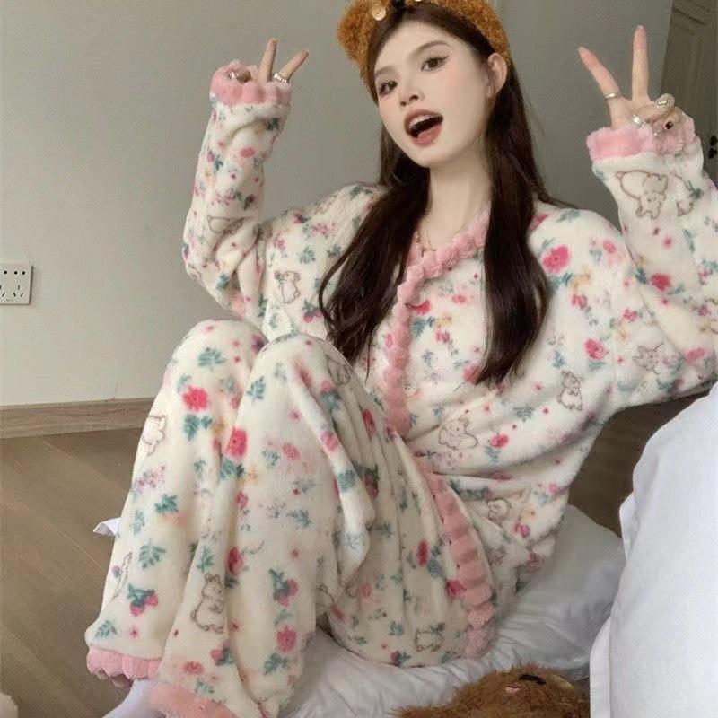 «Фланелевая пижама в корейском стиле для женщин — милый зимний домашний костюм из плотного бархата с длинными рукавами»