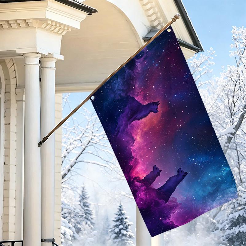 2D Flat, 1pc 2D Flat Decorative Flag, Dreamy Starry Sky Nebula Wolf Pattern Single-Sided Printed Flag, Aesthetic Cosmic Interstellar Style Wall Hangin