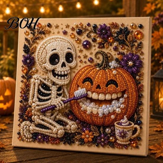 Whimsical Ghost And Pumpkin Art Halloween Faux Pearl Kit, Cute Skeleton Painting Handmade Gift for Craft Lovers DIY 3D Kit Adults, Fall Home