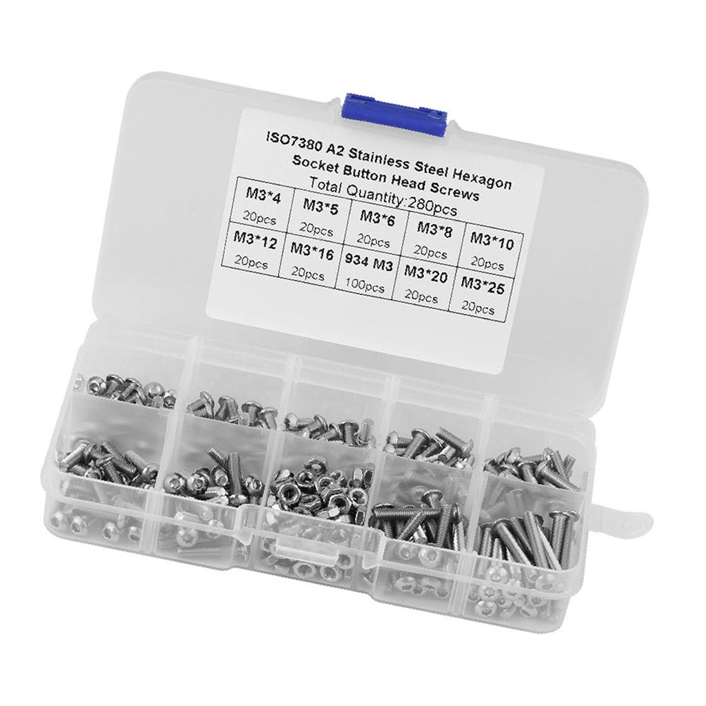 280pcs M3*4 5 6 8 10 12 16 20 25 Button Head Hex Socket Screws Nuts with Plastic Case