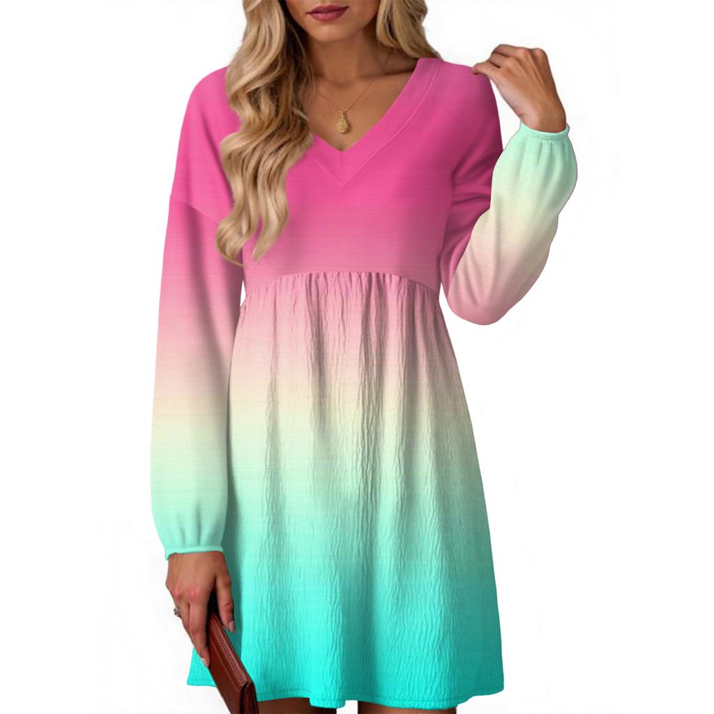 Women's Fashion Gradient V-Neck Long Sleeve Dress